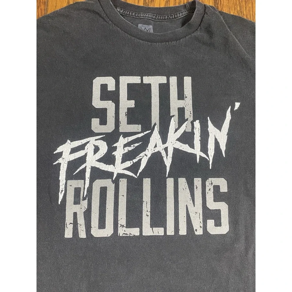 WWE Seth Freakin Rollins Wrestling Black Graphic Double Sided T-Shirt Large Fade